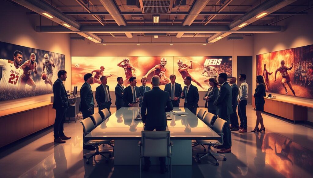 A bustling open-plan office with sleek, minimalist decor. In the foreground, a group of well-dressed professionals – athletic agents, managers, and marketing executives – discussing strategy around a large conference table. Vibrant action shots of athletes in motion adorn the walls, creating an atmosphere of energy and ambition. The room is flooded with warm, directional lighting, casting dynamic shadows and highlights that accentuate the confident, polished personas of the people within. Wide-angle lens captures the scale and scope of the agency, conveying a sense of the resources and expertise at their disposal to elevate the personal brands of their sports star clients. A bustling open-plan office with sleek, minimalist decor. In the foreground, a group of well-dressed professionals – athletic agents, managers, and marketing executives – discussing strategy around a large conference table. Vibrant action shots of athletes in motion adorn the walls, creating an atmosphere of energy and ambition. The room is flooded with warm, directional lighting, casting dynamic shadows and highlights that accentuate the confident, polished personas of the people within. Wide-angle lens captures the scale and scope of the agency, conveying a sense of the resources and expertise at their disposal to elevate the personal brands of their sports star clients.