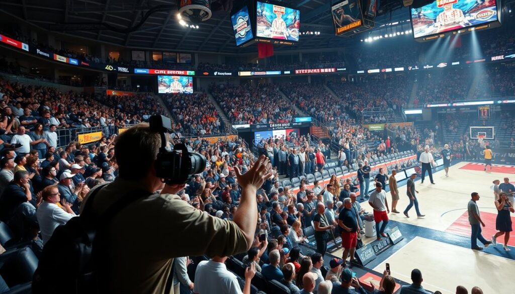 A bustling sports arena on game day, the air thick with anticipation. In the foreground, a live streamer frantically gestures, their camera struggling to capture the energy of the crowd. The middle ground is cluttered with marketing displays, signage, and sponsors vying for attention. In the background, a jumble of cables and equipment threatens to trip up unsuspecting viewers. Harsh stadium lighting casts dramatic shadows, creating a sense of chaos and missed opportunities. This scene illustrates the pitfalls of real-time sports marketing - the need to balance audience engagement, brand visibility, and technical execution in a dynamic, high-pressure environment. A bustling sports arena on game day, the air thick with anticipation. In the foreground, a live streamer frantically gestures, their camera struggling to capture the energy of the crowd. The middle ground is cluttered with marketing displays, signage, and sponsors vying for attention. In the background, a jumble of cables and equipment threatens to trip up unsuspecting viewers. Harsh stadium lighting casts dramatic shadows, creating a sense of chaos and missed opportunities. This scene illustrates the pitfalls of real-time sports marketing - the need to balance audience engagement, brand visibility, and technical execution in a dynamic, high-pressure environment.