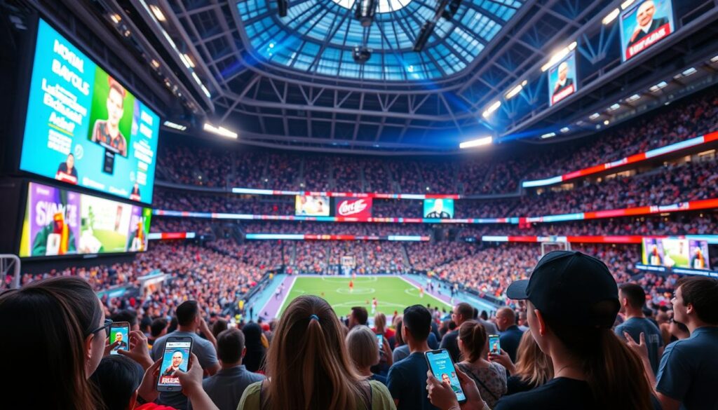A bustling sports arena with vibrant digital screens showcasing personalized ads based on geolocation and user profiles. In the foreground, fans excitedly engage with their smartphones, their profiles analyzed to deliver targeted promotions tailored to their interests and preferences. The middle ground features a wide array of colorful, eye-catching advertisements that seamlessly integrate with the event's branding and atmosphere. In the background, the stadium's architecture and lighting create a dynamic, immersive environment that heightens the overall experience. The scene conveys the power of data-driven marketing to enhance the personalization and engagement of sports event promotions.