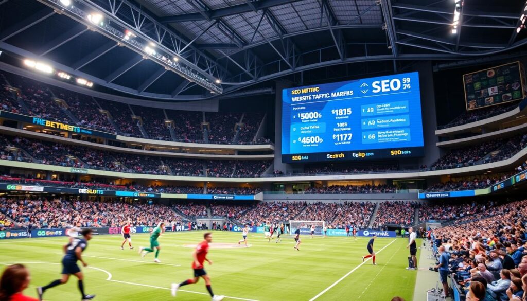 A busy sports arena with a large, illuminated scoreboard displaying key SEO metrics such as website traffic, social media engagement, and search rankings. In the foreground, athletes compete on the playing field, their movements captured in dynamic motion blur. The middle ground features spectators in the stadium seats, their attention focused on the game. The background showcases the arena's modern architecture, with sleek lines and glass facades. The overall scene conveys a sense of excitement and energy, reflecting the thrill of the sporting event and the importance of leveraging digital analytics to enhance the audience's online experience. A busy sports arena with a large, illuminated scoreboard displaying key SEO metrics such as website traffic, social media engagement, and search rankings. In the foreground, athletes compete on the playing field, their movements captured in dynamic motion blur. The middle ground features spectators in the stadium seats, their attention focused on the game. The background showcases the arena's modern architecture, with sleek lines and glass facades. The overall scene conveys a sense of excitement and energy, reflecting the thrill of the sporting event and the importance of leveraging digital analytics to enhance the audience's online experience.