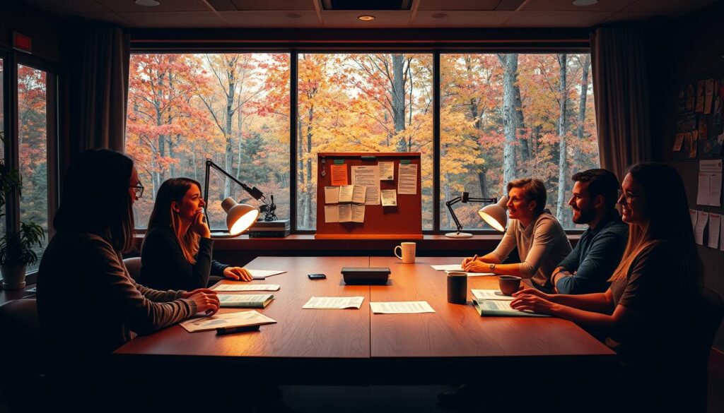 A cozy autumn scene of a sports editorial team brainstorming seasonal content updates. In the foreground, a group of creative professionals seated around a wooden conference table, faces illuminated by the warm glow of desk lamps. In the middle ground, a corkboard displays print-outs and sticky notes, hinting at their collaborative process. The background features a panoramic window overlooking a lush forest, its leaves ablaze with autumnal hues. The overall mood is one of focus, inspiration, and a touch of whimsy, perfectly capturing the essence of "Updating Old Content for Seasonality". A cozy autumn scene of a sports editorial team brainstorming seasonal content updates. In the foreground, a group of creative professionals seated around a wooden conference table, faces illuminated by the warm glow of desk lamps. In the middle ground, a corkboard displays print-outs and sticky notes, hinting at their collaborative process. The background features a panoramic window overlooking a lush forest, its leaves ablaze with autumnal hues. The overall mood is one of focus, inspiration, and a touch of whimsy, perfectly capturing the essence of "Updating Old Content for Seasonality".