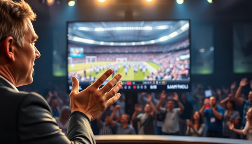 A dynamic live video stream showcasing a sports event, with a vibrant and engaging presentation. In the foreground, a presenter gestures enthusiastically, their face illuminated by soft, natural lighting. The middle ground features a large display screen displaying real-time footage of the event, with a clean, modern user interface. In the background, a blurred crowd cheers and celebrates, creating an atmosphere of energy and excitement. The overall composition conveys a sense of professionalism, interactivity, and the thrill of live sports entertainment. A dynamic live video stream showcasing a sports event, with a vibrant and engaging presentation. In the foreground, a presenter gestures enthusiastically, their face illuminated by soft, natural lighting. The middle ground features a large display screen displaying real-time footage of the event, with a clean, modern user interface. In the background, a blurred crowd cheers and celebrates, creating an atmosphere of energy and excitement. The overall composition conveys a sense of professionalism, interactivity, and the thrill of live sports entertainment.