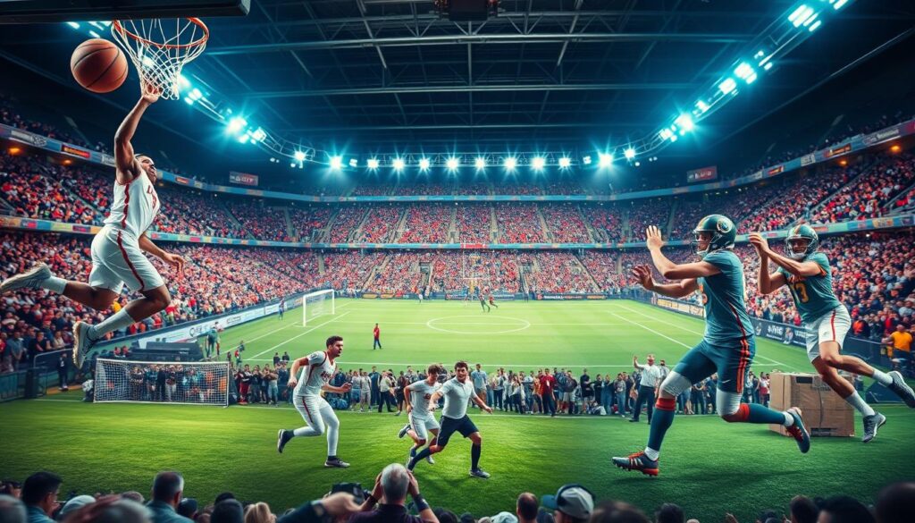 A dynamic sports arena, brightly lit with a sense of energy and excitement. The foreground features a collage of iconic sports moments - a basketball player soaring for a dunk, a soccer player scoring the winning goal, a football quarterback firing a perfect pass. In the middle ground, action shots of various athletes in motion, their movements captured with kinetic precision. The background showcases a vibrant, blurred crowd, their cheers and applause creating an electrifying atmosphere. The lighting is crisp and dramatic, accentuating the drama and intensity of the highlights. The overall composition conveys the thrill and shareability of captivating sports moments. A dynamic sports arena, brightly lit with a sense of energy and excitement. The foreground features a collage of iconic sports moments - a basketball player soaring for a dunk, a soccer player scoring the winning goal, a football quarterback firing a perfect pass. In the middle ground, action shots of various athletes in motion, their movements captured with kinetic precision. The background showcases a vibrant, blurred crowd, their cheers and applause creating an electrifying atmosphere. The lighting is crisp and dramatic, accentuating the drama and intensity of the highlights. The overall composition conveys the thrill and shareability of captivating sports moments.