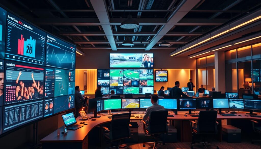 A modern, visually-compelling sports marketing command center featuring an array of AI-driven content hubs. In the foreground, a large curved display showcases real-time sports data and audience insights. In the middle ground, content creators collaborate on multi-platform digital campaigns, with screens displaying video edits, social posts, and interactive experiences. The background is a sleek, minimalist office space with ergonomic workstations and a vibrant, energetic atmosphere. Warm, diffused lighting creates a dynamic, high-tech ambiance, while strategic camera angles and depth of field draw the viewer's attention to the central content creation process. A modern, visually-compelling sports marketing command center featuring an array of AI-driven content hubs. In the foreground, a large curved display showcases real-time sports data and audience insights. In the middle ground, content creators collaborate on multi-platform digital campaigns, with screens displaying video edits, social posts, and interactive experiences. The background is a sleek, minimalist office space with ergonomic workstations and a vibrant, energetic atmosphere. Warm, diffused lighting creates a dynamic, high-tech ambiance, while strategic camera angles and depth of field draw the viewer's attention to the central content creation process.