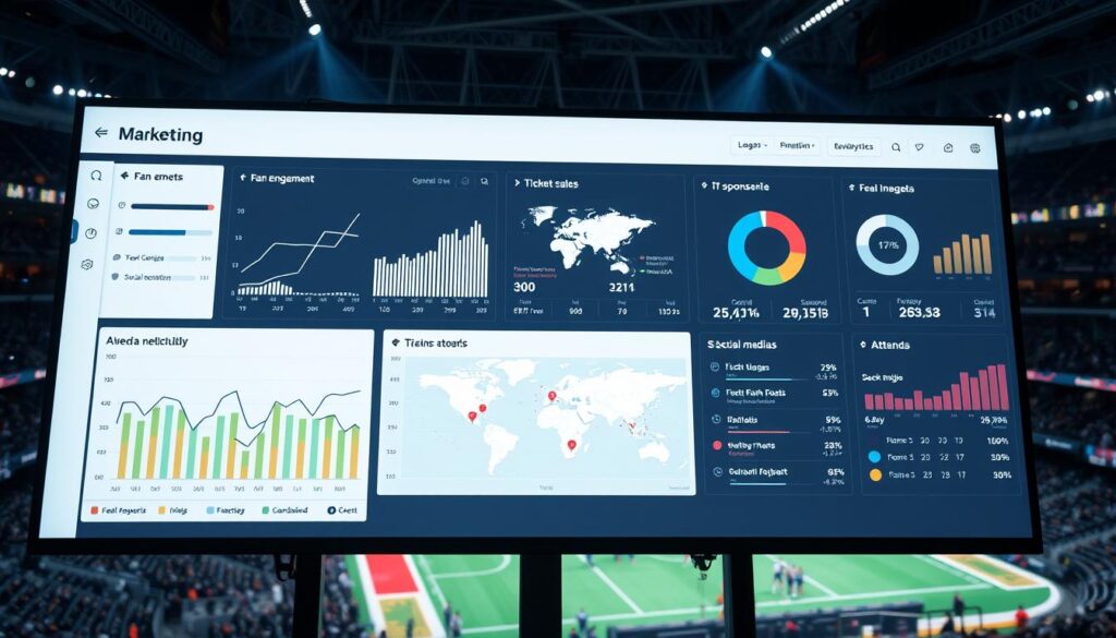 A real-time sports marketing dashboard displayed on a large, high-resolution monitor. The dashboard shows various metrics and analytics in a clean, minimalist interface with intuitive data visualizations. In the foreground, a combination of line graphs, bar charts, and pie charts present live data on fan engagement, ticket sales, sponsorship performance, and social media reach. The middle ground features a map highlighting event locations and attendee distribution. In the background, a stylized arena illustration creates a contextual sports-themed atmosphere, with subtle lighting and camera angles that convey a sense of energy and dynamism. The overall mood is professional, data-driven, and visually compelling, reflecting the importance of real-time analytics in driving effective sports event promotions.