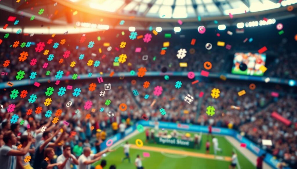 A vibrant, dynamic social media feed filled with user-generated sports content. In the foreground, a collage of colorful hashtags and icons dances across the screen, capturing the excitement and energy of the live event. The middle ground features various sports scenes - athletes in motion, fans cheering, and highlights from the game. In the background, a blurred stadium or arena setting provides the contextual backdrop, immersing the viewer in the sports atmosphere. Warm, natural lighting illuminates the scene, conveying a sense of immediacy and authenticity. The overall composition emphasizes the integration of live sports streaming with the social media experience, inviting the viewer to engage and participate in the shared digital experience. A vibrant, dynamic social media feed filled with user-generated sports content. In the foreground, a collage of colorful hashtags and icons dances across the screen, capturing the excitement and energy of the live event. The middle ground features various sports scenes - athletes in motion, fans cheering, and highlights from the game. In the background, a blurred stadium or arena setting provides the contextual backdrop, immersing the viewer in the sports atmosphere. Warm, natural lighting illuminates the scene, conveying a sense of immediacy and authenticity. The overall composition emphasizes the integration of live sports streaming with the social media experience, inviting the viewer to engage and participate in the shared digital experience.