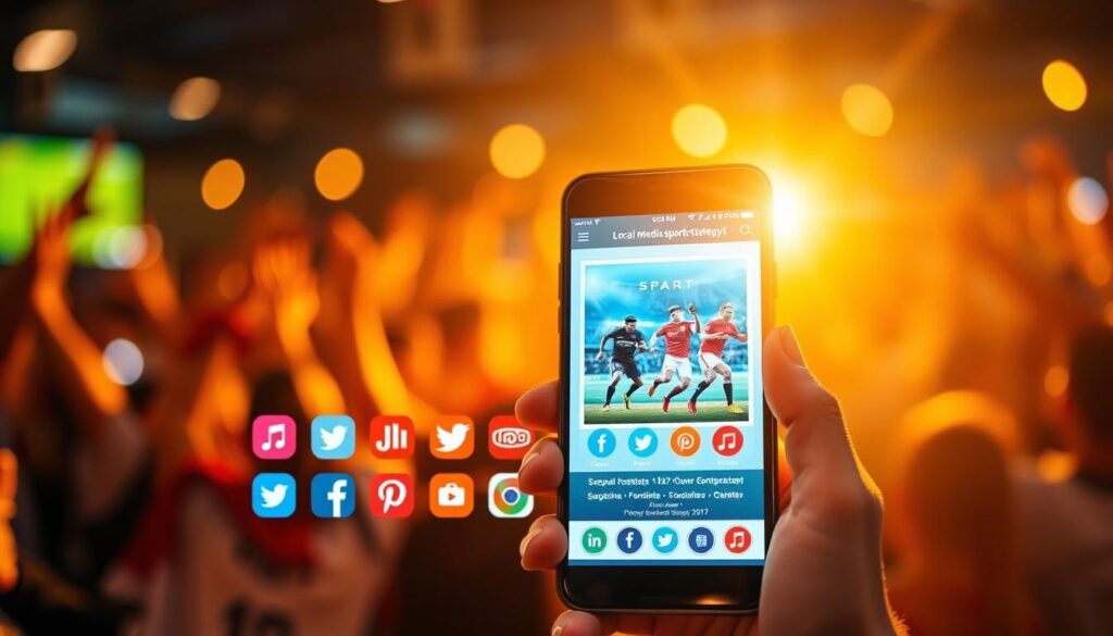 A vibrant social media strategy for promoting a local sports event. In the foreground, a sleek smartphone displays a visually engaging event poster, featuring dynamic action shots of athletes in mid-play. The middle ground showcases an array of social media platforms, their icons arranged artfully, representing the diverse channels for content distribution. In the background, a blurred crowd cheers, conveying the energy and excitement of the upcoming event. Warm, golden lighting casts a celebratory glow, while a shallow depth of field emphasizes the focal points. The overall scene radiates a sense of community, digital engagement, and the shared passion for the local sports event. A vibrant social media strategy for promoting a local sports event. In the foreground, a sleek smartphone displays a visually engaging event poster, featuring dynamic action shots of athletes in mid-play. The middle ground showcases an array of social media platforms, their icons arranged artfully, representing the diverse channels for content distribution. In the background, a blurred crowd cheers, conveying the energy and excitement of the upcoming event. Warm, golden lighting casts a celebratory glow, while a shallow depth of field emphasizes the focal points. The overall scene radiates a sense of community, digital engagement, and the shared passion for the local sports event.