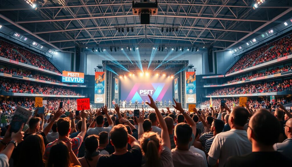 A vibrant sports event marketing scene unfolds, captured through the lens of a wide-angle camera. In the foreground, a dynamic crowd gathers, their faces alight with anticipation as they hold up colorful banners and cheer enthusiastically. The middle ground features a striking stage adorned with sleek, modern event branding, casting a warm glow under carefully crafted lighting. In the background, the backdrop showcases the iconic architecture of the local sports venue, its towering grandstands and sleek, contemporary design setting the stage for the upcoming event. The overall atmosphere is one of excitement, energy, and a palpable sense of community, perfectly setting the tone for the "Building Anticipation Before Events" section of the sports content marketing article. A vibrant sports event marketing scene unfolds, captured through the lens of a wide-angle camera. In the foreground, a dynamic crowd gathers, their faces alight with anticipation as they hold up colorful banners and cheer enthusiastically. The middle ground features a striking stage adorned with sleek, modern event branding, casting a warm glow under carefully crafted lighting. In the background, the backdrop showcases the iconic architecture of the local sports venue, its towering grandstands and sleek, contemporary design setting the stage for the upcoming event. The overall atmosphere is one of excitement, energy, and a palpable sense of community, perfectly setting the tone for the "Building Anticipation Before Events" section of the sports content marketing article.