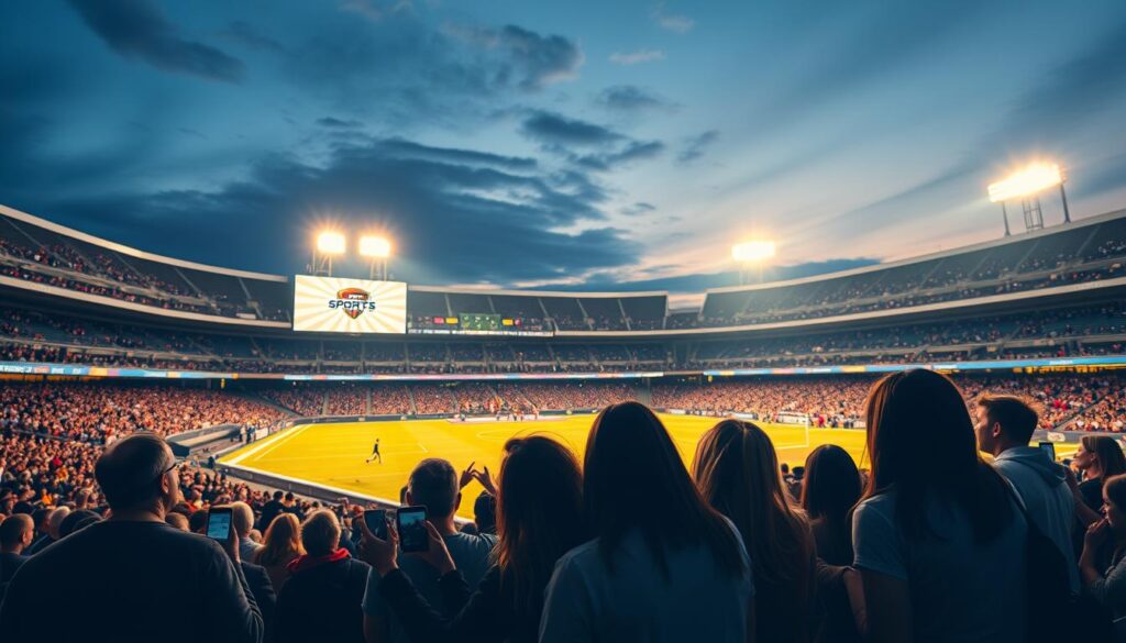 A vibrant sports stadium at dusk, the field illuminated by bright floodlights casting dramatic shadows. In the foreground, a sports hashtag strategy is displayed on a large LED screen, the text crisp and legible. The middle ground features a group of passionate fans energetically sharing the hashtag on their mobile devices, their expressions animated and engaged. In the background, the stadium's iconic architecture and cheering crowds create a lively, energetic atmosphere. The lighting is cinematic, with warm tones and deep shadows, capturing the excitement and momentum of game day.