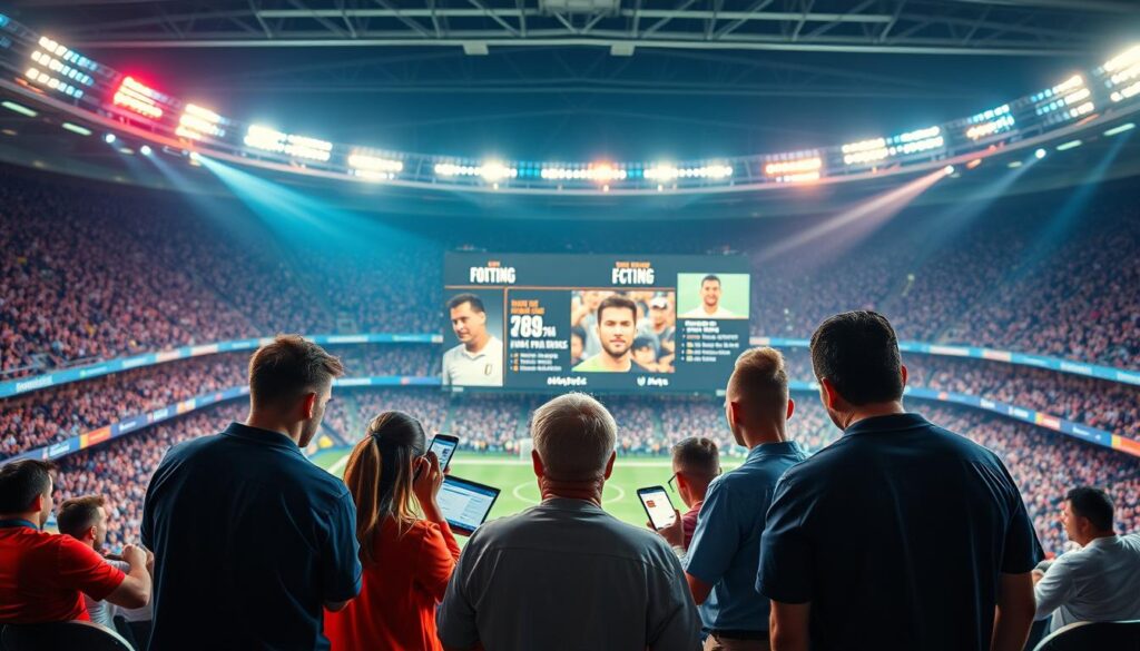 A vibrant sports stadium backdrop, with dynamic lighting and camera flashes capturing the excitement of a live game. In the foreground, a group of social media influencers and marketing professionals engage with their phones, laptops, and digital devices, strategizing real-time content and fan engagement tactics. The middle ground features a large video display showcasing live streaming statistics, audience metrics, and trending hashtags. The scene is composed with a cinematic, high-energy atmosphere, reflecting the fast-paced nature of modern sports marketing and the importance of live, digital experiences for fan communities.
