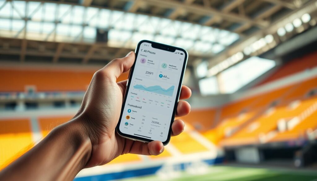 Athlete branding digital strategy: A close-up shot of a professional athlete's hand, holding a modern smartphone displaying a sleek, minimalist digital dashboard. The foreground is sharply in focus, showcasing the athlete's grip and the screen's clean, data-driven design. The background is softly blurred, conveying a sense of motion and energy, with glimpses of a dynamic sports arena or training facility. The lighting is natural and directional, casting subtle shadows that add depth and dimension to the scene. The overall mood is one of purpose, innovation, and the integration of athletics and technology. Athlete branding digital strategy: A close-up shot of a professional athlete's hand, holding a modern smartphone displaying a sleek, minimalist digital dashboard. The foreground is sharply in focus, showcasing the athlete's grip and the screen's clean, data-driven design. The background is softly blurred, conveying a sense of motion and energy, with glimpses of a dynamic sports arena or training facility. The lighting is natural and directional, casting subtle shadows that add depth and dimension to the scene. The overall mood is one of purpose, innovation, and the integration of athletics and technology.