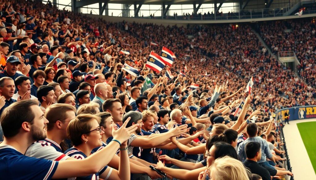 A bustling sports arena filled with cheering fans, their faces alight with excitement. In the foreground, a group of spectators eagerly interacting with players, high-fiving and exchanging autographs. The middle ground showcases fans waving team flags, their expressions rapt as they follow the action on the field. In the background, a sea of people, their diverse attire and body language capturing the infectious energy of the live event. Soft, warm lighting bathes the scene, accentuating the vibrant colors and creating a sense of intimacy and connection between the fans and the game. The image conveys the palpable enthusiasm and camaraderie that defines the live sports experience.