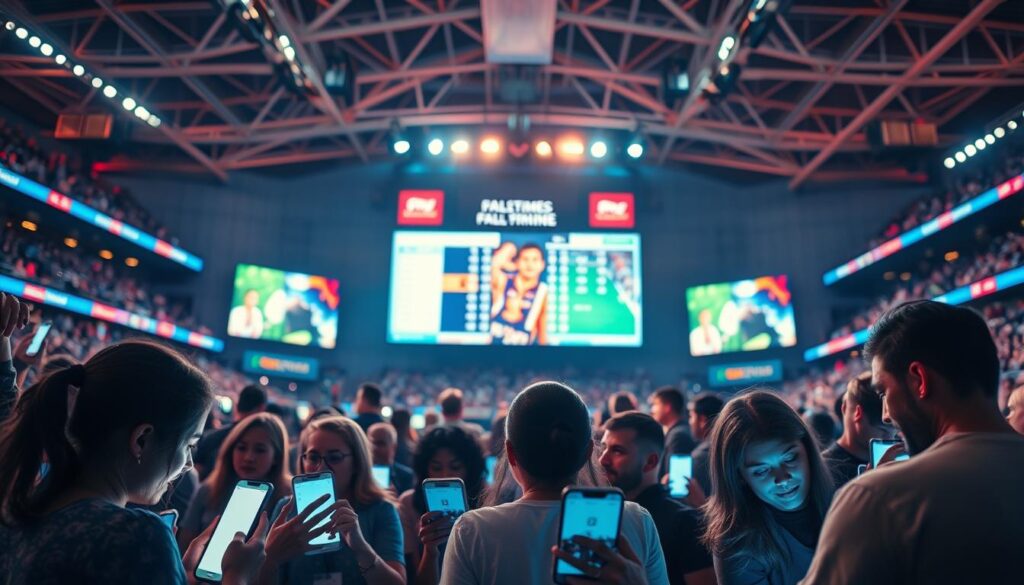 A bustling sports arena, with fans eagerly engaging in a live polling session on their mobile devices. In the foreground, a group of enthusiastic spectators, their faces illuminated by the glow of their screens, as they cast their votes on the latest matchup. The middle ground showcases the large video screens displaying real-time polling results, adding to the excitement and anticipation. In the background, the stadium's architecture stands tall, its modern design and bright lighting creating a dynamic and immersive atmosphere. Warm, vibrant tones and a sense of energy and engagement permeate the scene, capturing the essence of live interactions and fan involvement in the sports experience.
