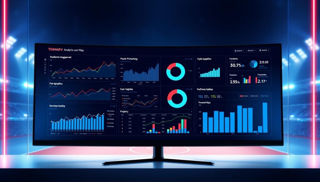 A data-rich digital sports promotion analytics dashboard displayed on a sleek, ultrawide monitor. The foreground showcases a series of dynamic data visualizations, including line graphs charting audience engagement metrics, pie charts breaking down fan demographics, and interactive data tables providing in-depth performance analytics. In the middle ground, a sophisticated user interface with intuitive controls allows the user to customize and navigate the dashboard. The background features a minimalist, high-contrast design with subtle sports-themed elements, bathed in a cool, techno-futuristic lighting scheme that creates a sense of professionalism and innovation. The overall impression is one of a powerful, data-driven tool for making informed, strategic decisions about sports event marketing. A data-rich digital sports promotion analytics dashboard displayed on a sleek, ultrawide monitor. The foreground showcases a series of dynamic data visualizations, including line graphs charting audience engagement metrics, pie charts breaking down fan demographics, and interactive data tables providing in-depth performance analytics. In the middle ground, a sophisticated user interface with intuitive controls allows the user to customize and navigate the dashboard. The background features a minimalist, high-contrast design with subtle sports-themed elements, bathed in a cool, techno-futuristic lighting scheme that creates a sense of professionalism and innovation. The overall impression is one of a powerful, data-driven tool for making informed, strategic decisions about sports event marketing.