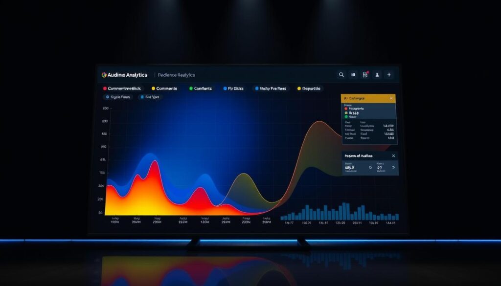 A detailed audience analytics heatmap visualization against a dark, minimalist background. The heatmap features a vibrant color palette, ranging from cool blues and greens to warm reds and oranges, representing key engagement metrics like attendance, comments, and clicks during a live sports event. The heatmap is displayed on a large, high-resolution display, with a sleek, modern design that emphasizes the data-driven insights. Subtle grid lines and data visualizations in the background provide additional context, while the overall lighting is soft and directional, creating depth and emphasizing the data-driven focus of the scene.