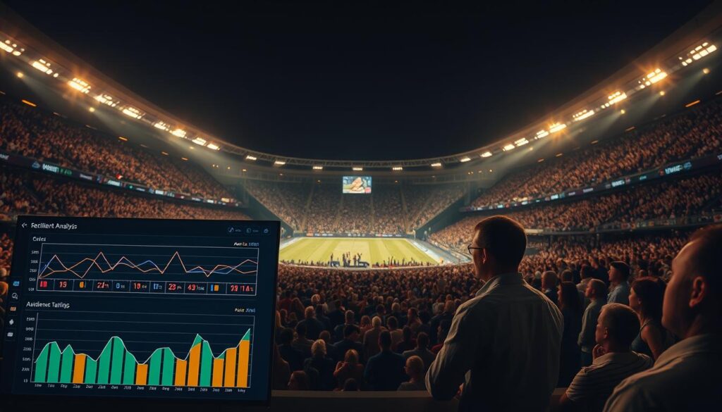 A dimly lit sports stadium, the crowd's energy palpable. In the foreground, a data visualization dashboard displays real-time audience sentiment analysis, with line graphs, pie charts, and color-coded metrics reflecting the crowd's emotional reactions. The middle ground features a group of analysts intently studying the data, their expressions a mix of concentration and excitement. In the background, the expansive stadium seating is filled with cheering fans, their faces alight with enthusiasm. Cinematic lighting casts dramatic shadows, creating a sense of depth and atmosphere. The overall scene conveys the power of data-driven insights to measure the success of interactive sports campaigns.