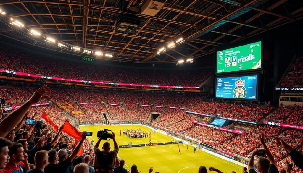 A dynamic sports event with a vibrant content marketing strategy. In the foreground, a stadium filled with excited fans cheering and waving banners. In the middle ground, a team of content creators capturing footage, interviewing athletes, and live-streaming the action. In the background, digital screens displaying real-time analytics, social media engagement, and targeted advertising campaigns. Warm, dynamic lighting illuminates the scene, creating a sense of energy and momentum. Captured with a wide-angle lens to convey the scale and scope of the event's digital content ecosystem. A dynamic sports event with a vibrant content marketing strategy. In the foreground, a stadium filled with excited fans cheering and waving banners. In the middle ground, a team of content creators capturing footage, interviewing athletes, and live-streaming the action. In the background, digital screens displaying real-time analytics, social media engagement, and targeted advertising campaigns. Warm, dynamic lighting illuminates the scene, creating a sense of energy and momentum. Captured with a wide-angle lens to convey the scale and scope of the event's digital content ecosystem.