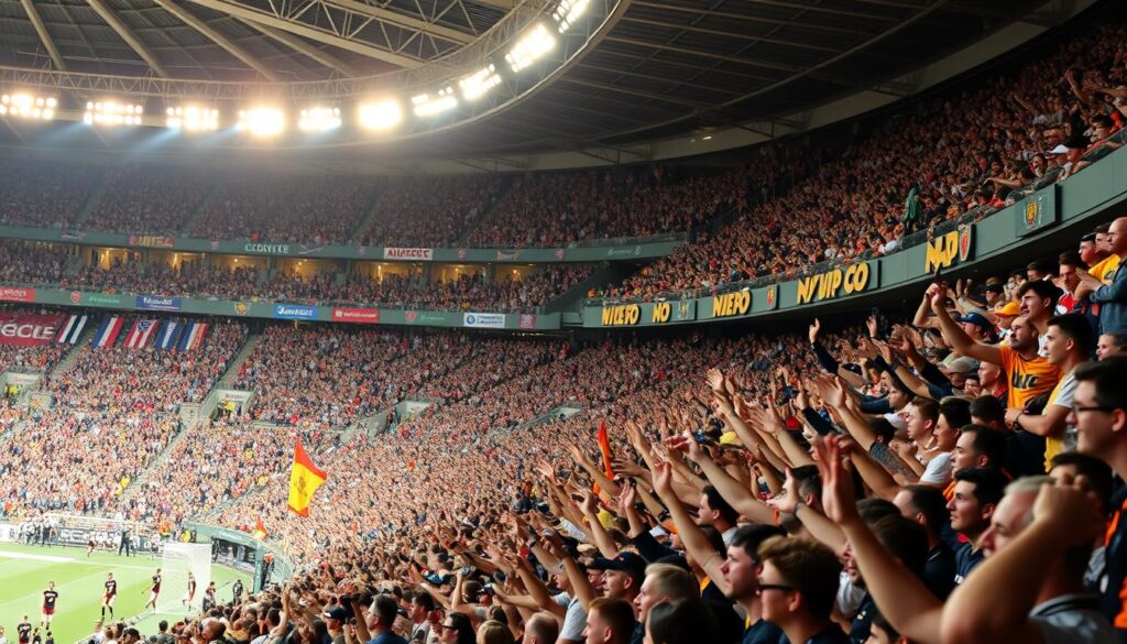 A packed stadium filled with cheering fans, the energy palpable as they watch the athletes compete on the field. Colorful team banners and flags wave in the air, while the roar of the crowd echoes through the stands. Overhead, spotlights cast a warm glow, illuminating the intense action unfolding below. The camera captures the drama from a wide angle, showcasing the scale and immersion of the experience. Fans leap to their feet, faces alight with excitement, fully invested in the outcome of the game. The sense of community and shared passion is palpable, creating an unforgettable atmosphere for all in attendance.