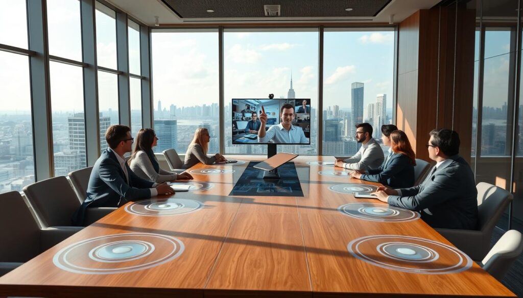A serene, modern conference room with large windows overlooking a bustling cityscape. In the foreground, a group of professionals engaged in a hybrid meeting, some seated around a sleek, wooden table while others join virtually via holographic projections. The lighting is soft and natural, creating a warm, collaborative atmosphere. The middle ground features interactive touchscreens and digital whiteboards, facilitating real-time information sharing and ideation. In the background, the city skyline is visible, suggesting a dynamic, connected world. The overall scene conveys a sense of innovative, efficient, and inclusive hybrid event engagement strategies.