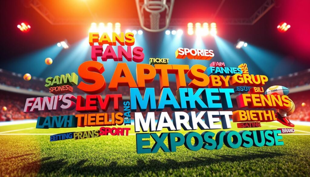 a vibrant sports event marketing keywords image, featuring a dynamic array of sports-related words and phrases floating in a well-lit, 3D-rendered environment. The foreground showcases a diverse selection of bold, colorful keywords such as "FANS", "SOCIAL MEDIA", "SPONSORSHIP", "TICKET SALES", and "BRAND EXPOSURE", each rendered with a sense of depth and motion. The middle ground features a stylized sports stadium or arena in the background, hinting at the high-energy atmosphere of a live event. The lighting is warm and directional, creating dramatic shadows and highlights that accentuate the three-dimensional quality of the scene. The overall mood is one of excitement, energy, and the thrill of sports marketing and fan engagement. a vibrant sports event marketing keywords image, featuring a dynamic array of sports-related words and phrases floating in a well-lit, 3D-rendered environment. The foreground showcases a diverse selection of bold, colorful keywords such as "FANS", "SOCIAL MEDIA", "SPONSORSHIP", "TICKET SALES", and "BRAND EXPOSURE", each rendered with a sense of depth and motion. The middle ground features a stylized sports stadium or arena in the background, hinting at the high-energy atmosphere of a live event. The lighting is warm and directional, creating dramatic shadows and highlights that accentuate the three-dimensional quality of the scene. The overall mood is one of excitement, energy, and the thrill of sports marketing and fan engagement.