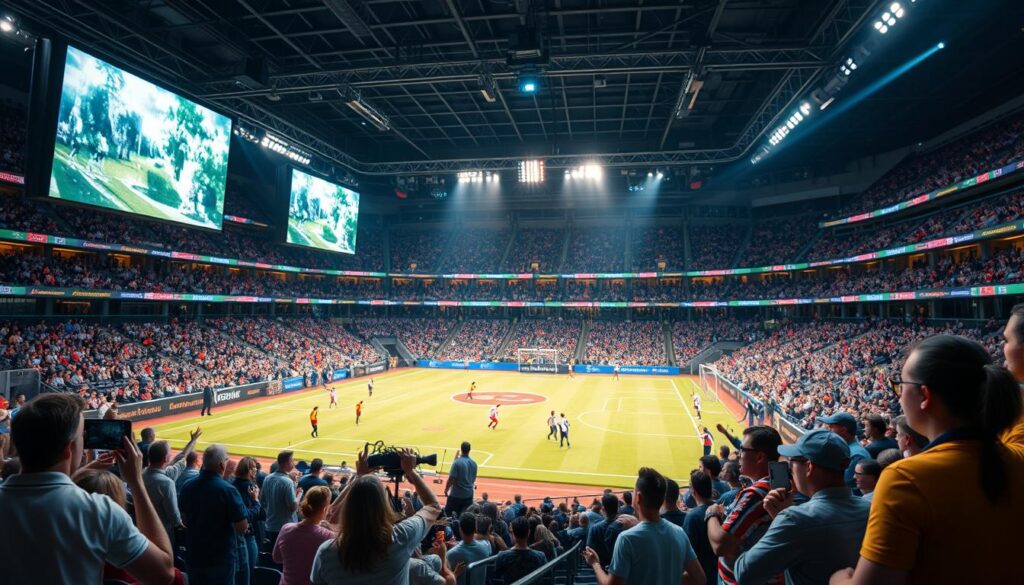 A bustling sports arena, filled with energy and real-time feedback. In the foreground, athletes compete on a well-lit field, their movements captured by high-speed cameras and broadcast to large screens overhead. The middle ground showcases fans in the stands, their faces animated with excitement as they cheer and interact with the digital displays, providing instant reactions and commentary. In the background, a network of cameras and sensors seamlessly blend the live and remote experiences, syncing the sights and sounds to create a cohesive, immersive atmosphere. Dramatic lighting and a sense of anticipation permeate the scene, reflecting the thrill of a hybrid sports event where both physical and digital worlds converge. A bustling sports arena, filled with energy and real-time feedback. In the foreground, athletes compete on a well-lit field, their movements captured by high-speed cameras and broadcast to large screens overhead. The middle ground showcases fans in the stands, their faces animated with excitement as they cheer and interact with the digital displays, providing instant reactions and commentary. In the background, a network of cameras and sensors seamlessly blend the live and remote experiences, syncing the sights and sounds to create a cohesive, immersive atmosphere. Dramatic lighting and a sense of anticipation permeate the scene, reflecting the thrill of a hybrid sports event where both physical and digital worlds converge.