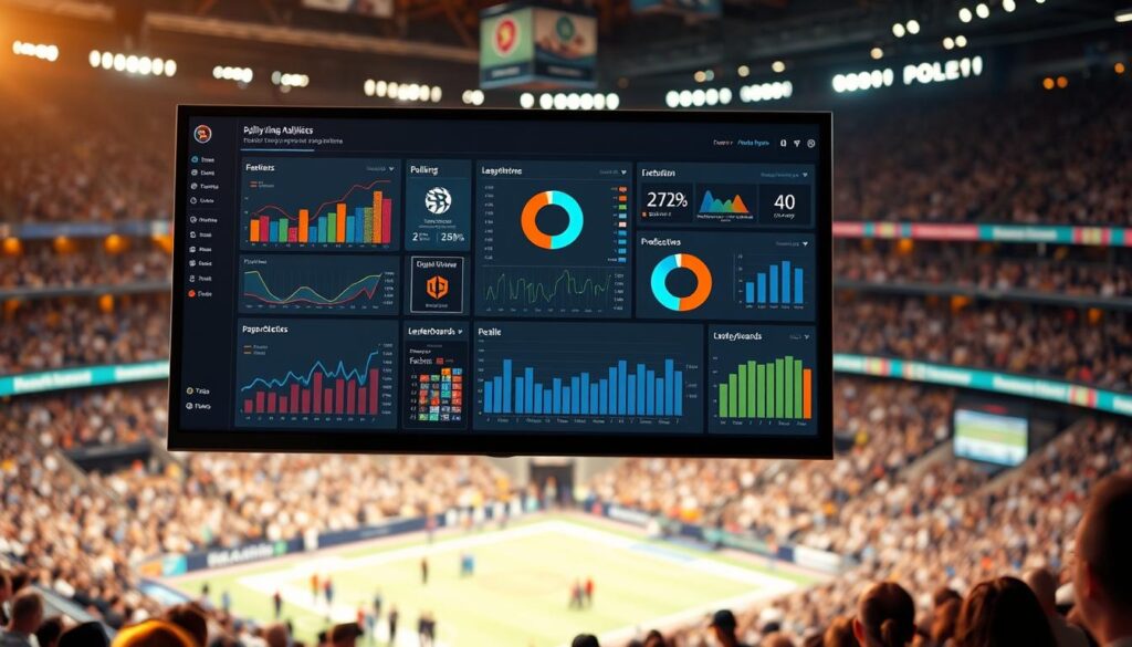 A data-rich analytics dashboard displayed on a large, high-resolution touchscreen monitor. The foreground features sleek, intuitive visualizations tracking real-time polling data from spectators at a lively sporting event - interactive graphs, pie charts, and leaderboards showcasing audience sentiment, predictions, and engagement. The middle ground depicts the event venue itself, with a dynamic crowd of fans visible through the dashboard's transparent interface. The background is softly blurred, hinting at the energy and excitement of the game unfolding beyond. Warm, focused lighting illuminates the dashboard, creating a sense of immediacy and importance. The overall mood is one of cutting-edge technology seamlessly enhancing the fan experience.