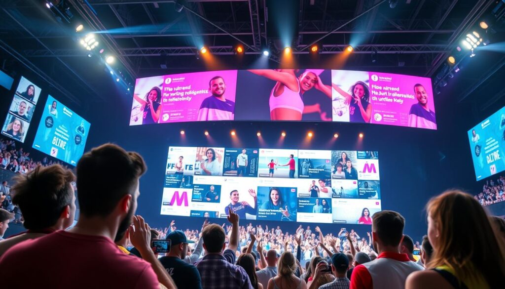 A dynamic sports event with interactive digital campaigns at the center. A large display showcases real-time social media feeds, integrating audience participation. In the foreground, athletes and influencers engage with the crowd, encouraging them to share content and join challenges. The lighting is bright and energetic, highlighting the vibrant atmosphere. The camera angle is slightly elevated, capturing the scope of the event while maintaining an intimate feel. The overall mood is lively, immersive, and encourages active audience involvement. A dynamic sports event with interactive digital campaigns at the center. A large display showcases real-time social media feeds, integrating audience participation. In the foreground, athletes and influencers engage with the crowd, encouraging them to share content and join challenges. The lighting is bright and energetic, highlighting the vibrant atmosphere. The camera angle is slightly elevated, capturing the scope of the event while maintaining an intimate feel. The overall mood is lively, immersive, and encourages active audience involvement.