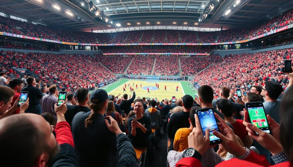 A lively sports arena filled with enthusiastic fans, the atmosphere electric with the thrill of the game. In the foreground, spectators eagerly engage with their mobile devices, tapping and swiping through a gamified app interface. Vibrant visuals, interactive challenges, and real-time score updates draw the crowd into the experience, blurring the line between passive observation and active participation. The middle ground showcases athletes in mid-motion, their dynamic movements captured through a cinematic lens. In the background, the stadium's modern architecture and bright, natural lighting create a sense of energy and excitement. The overall scene conveys the seamless integration of technology and sports, where fan engagement is elevated through innovative, game-like features.