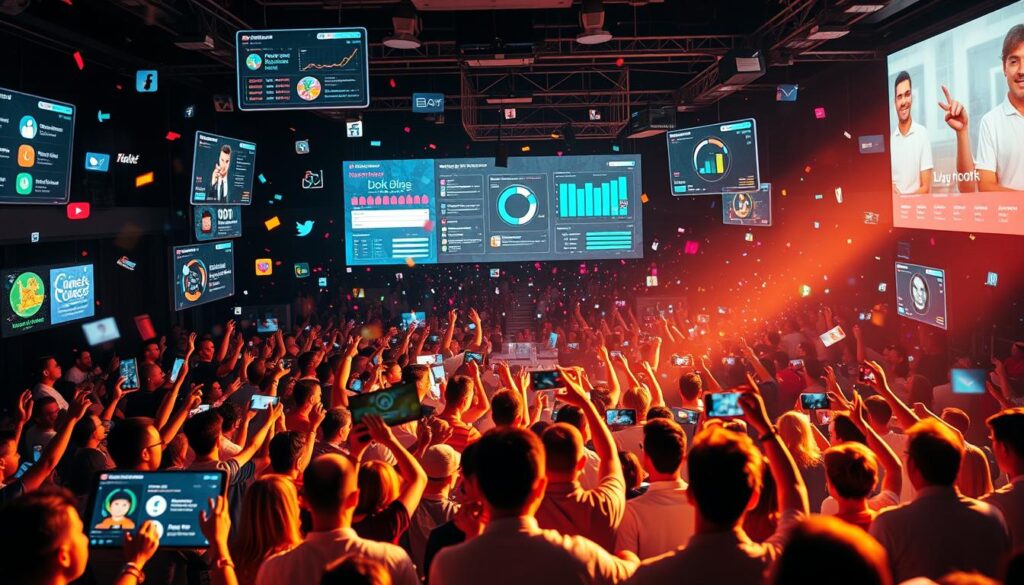 A vibrant digital community, buzzing with engaged fans. In the foreground, an array of social media platforms and online tools, each abuzz with user activity - likes, shares, comments, and lively discussions. In the middle ground, a central hub, a virtual meeting place where fans connect, collaborate, and co-create content. Overhead, data visualizations and analytics dashboards, providing insights into user behavior and measuring the depth of fan involvement. The scene is bathed in a warm, inviting glow, conveying a sense of energy, momentum, and a thriving online ecosystem. The overall atmosphere is one of excitement, interactivity, and a deep sense of community, all working in harmony to maximize fan engagement and retention. A vibrant digital community, buzzing with engaged fans. In the foreground, an array of social media platforms and online tools, each abuzz with user activity - likes, shares, comments, and lively discussions. In the middle ground, a central hub, a virtual meeting place where fans connect, collaborate, and co-create content. Overhead, data visualizations and analytics dashboards, providing insights into user behavior and measuring the depth of fan involvement. The scene is bathed in a warm, inviting glow, conveying a sense of energy, momentum, and a thriving online ecosystem. The overall atmosphere is one of excitement, interactivity, and a deep sense of community, all working in harmony to maximize fan engagement and retention.