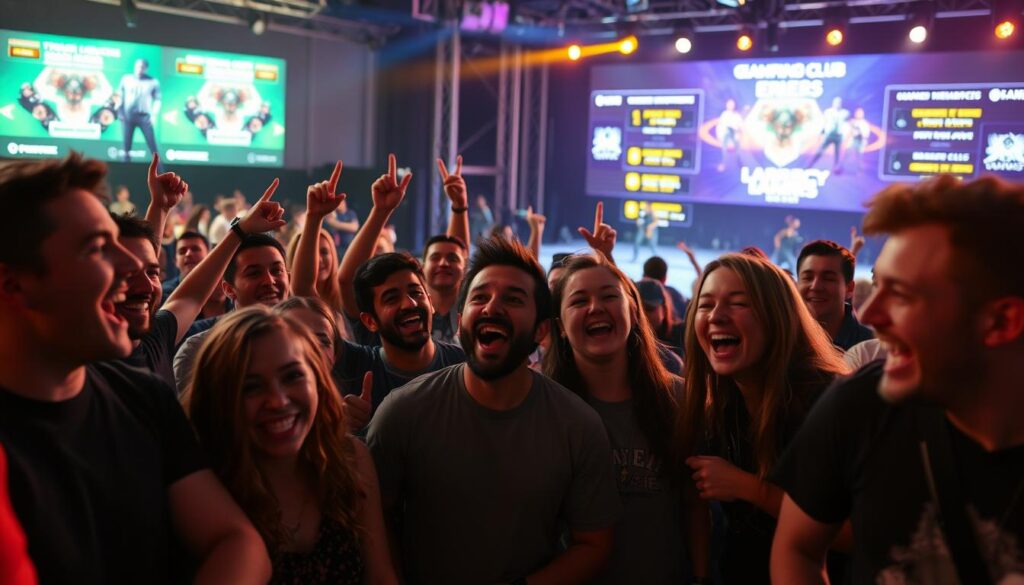 A vibrant gathering of dedicated fans enthusiastically engaged in a multi-tiered event series, with a gamified club structure fostering camaraderie and healthy competition. In the foreground, a group of fans excitedly participating in an interactive game, their expressions animated and collaborative. The middle ground showcases a stage area with lighting and audio equipment, hinting at the immersive experiences to come. In the background, a dynamic display of leaderboards, achievements, and digital rewards creates a sense of progression and accomplishment. The scene is bathed in a warm, energetic lighting that enhances the celebratory atmosphere, capturing the spirit of a thriving fan community. A vibrant gathering of dedicated fans enthusiastically engaged in a multi-tiered event series, with a gamified club structure fostering camaraderie and healthy competition. In the foreground, a group of fans excitedly participating in an interactive game, their expressions animated and collaborative. The middle ground showcases a stage area with lighting and audio equipment, hinting at the immersive experiences to come. In the background, a dynamic display of leaderboards, achievements, and digital rewards creates a sense of progression and accomplishment. The scene is bathed in a warm, energetic lighting that enhances the celebratory atmosphere, capturing the spirit of a thriving fan community.