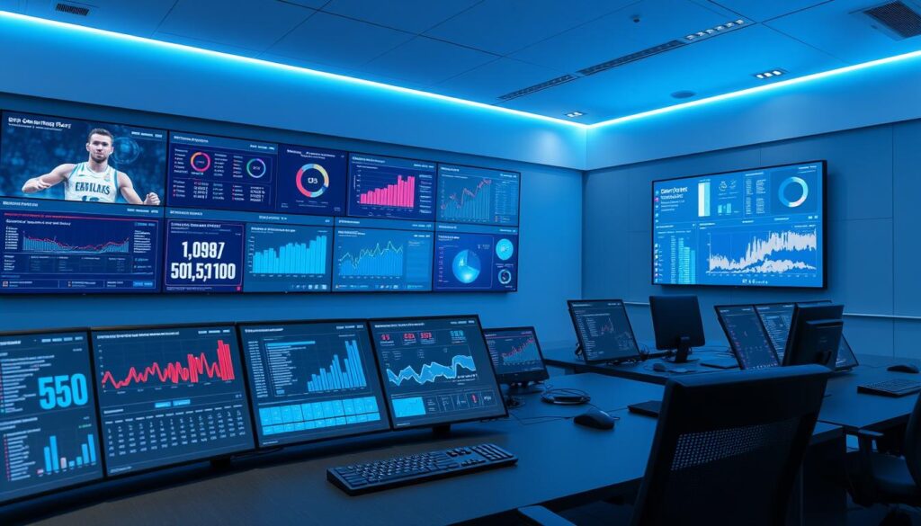 A data-driven control room showcasing sports analytics tools. In the foreground, a sleek dashboard displays real-time player statistics, team performance metrics, and audience engagement data. The middle ground features multiple high-resolution displays providing in-depth visualizations and predictive analytics. In the background, a large wall-mounted screen presents a comprehensive overview of the sports ecosystem, integrating data from various sources. Soft blue lighting and minimalist design create a focused, technology-driven atmosphere, reflecting the precision and insights needed to optimize sports promotions and audience segmentation. A data-driven control room showcasing sports analytics tools. In the foreground, a sleek dashboard displays real-time player statistics, team performance metrics, and audience engagement data. The middle ground features multiple high-resolution displays providing in-depth visualizations and predictive analytics. In the background, a large wall-mounted screen presents a comprehensive overview of the sports ecosystem, integrating data from various sources. Soft blue lighting and minimalist design create a focused, technology-driven atmosphere, reflecting the precision and insights needed to optimize sports promotions and audience segmentation.