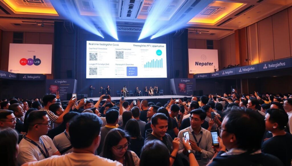 A large event venue, illuminated by warm, diffused lighting. On a central stage, a group of attendees interact with a digital display, scanning QR codes and tapping NFC-enabled devices. The display showcases real-time feedback, visualized through dynamic charts and graphs. In the foreground, a diverse crowd of spectators eagerly participate, their expressions animated as they engage with the interactive sponsorship activation. The background features branded banners and signage, creating an immersive, high-energy atmosphere that captures the excitement of the live event. A large event venue, illuminated by warm, diffused lighting. On a central stage, a group of attendees interact with a digital display, scanning QR codes and tapping NFC-enabled devices. The display showcases real-time feedback, visualized through dynamic charts and graphs. In the foreground, a diverse crowd of spectators eagerly participate, their expressions animated as they engage with the interactive sponsorship activation. The background features branded banners and signage, creating an immersive, high-energy atmosphere that captures the excitement of the live event.