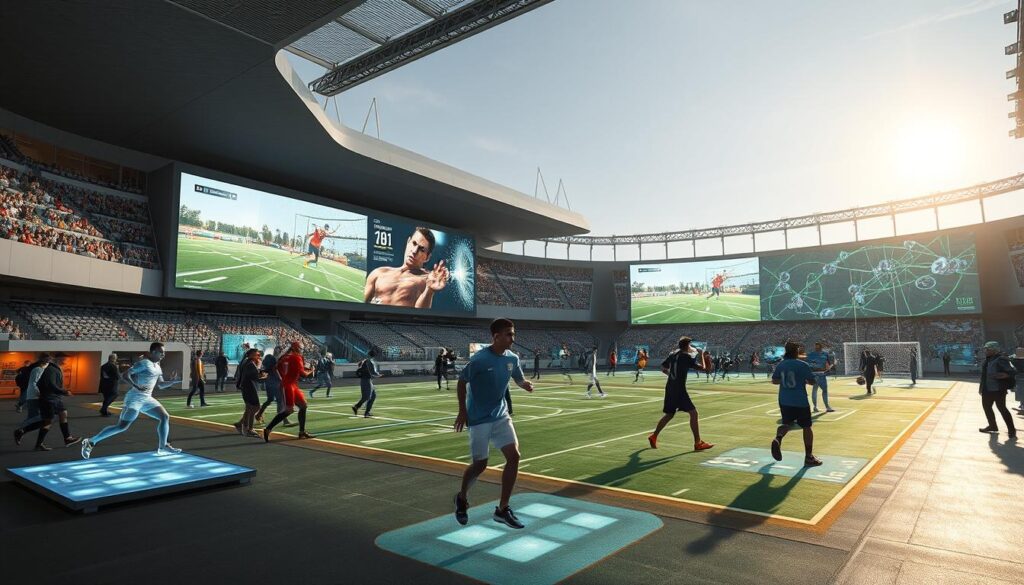 A large, open-air interactive sports zone filled with augmented reality experiences. In the foreground, life-sized AR holograms of athletes engage in various sports, their movements seamlessly blending with the physical environment. The middle ground features numerous AR display panels, projecting data visualizations, replays, and interactive game elements that fans can control with gestures. The background showcases a modern, minimalist stadium architecture with clean lines and a sense of openness, allowing the AR elements to shine. The lighting is a balanced mix of natural daylight and subtle, theatrical spotlights, creating a sense of dynamism and immersion. The overall atmosphere is one of innovation, excitement, and a deep integration of physical and digital fan experiences. A large, open-air interactive sports zone filled with augmented reality experiences. In the foreground, life-sized AR holograms of athletes engage in various sports, their movements seamlessly blending with the physical environment. The middle ground features numerous AR display panels, projecting data visualizations, replays, and interactive game elements that fans can control with gestures. The background showcases a modern, minimalist stadium architecture with clean lines and a sense of openness, allowing the AR elements to shine. The lighting is a balanced mix of natural daylight and subtle, theatrical spotlights, creating a sense of dynamism and immersion. The overall atmosphere is one of innovation, excitement, and a deep integration of physical and digital fan experiences.