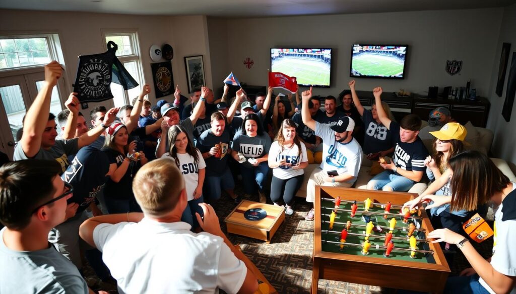 A lively gathering of sports enthusiasts engaged in a variety of fan activities. In the foreground, a group of fans animatedly cheering and waving team flags and banners under natural lighting. In the middle ground, some fans high-fiving and sharing snacks, while others playfully compete in interactive games like cornhole or table-top foosball. The background features a cozy, living room-like setting with plush sofas, team memorabilia, and a large TV screen displaying the game. The overall atmosphere is one of camaraderie, excitement, and shared passion for the sport.