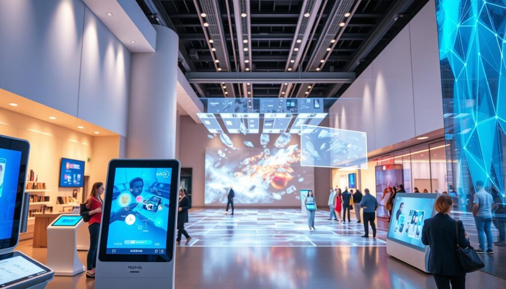 A modern, well-lit commercial space showcases various interactive technologies seamlessly integrated into the environment. In the foreground, sleek kiosks and display screens allow visitors to engage with dynamic content, while in the middle ground, augmented reality projections overlay virtual objects onto the physical space. The background features a sophisticated lighting system that creates a vibrant, immersive atmosphere, complementing the cutting-edge technological elements. The overall scene conveys a sense of innovation, connectivity, and a forward-thinking approach to enhancing the real-world experience.