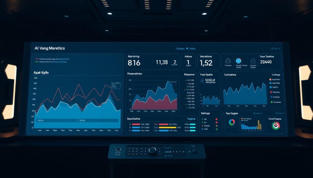 A sleek, minimalist dashboard interface showcasing real-time AI messaging performance metrics. The foreground features a large, holographic display panel with crisp, data-rich visualizations - line graphs charting conversational volume, response times, sentiment analysis, and other key KPIs. The middle ground has a control panel with customizable settings and toggles, a sophisticated yet intuitive user experience. The background is a dimly lit, high-tech control room, with subtle ambient lighting and a sense of quiet efficiency. The overall tone is one of advanced, cutting-edge technology seamlessly monitoring and optimizing AI-driven fan interactions.