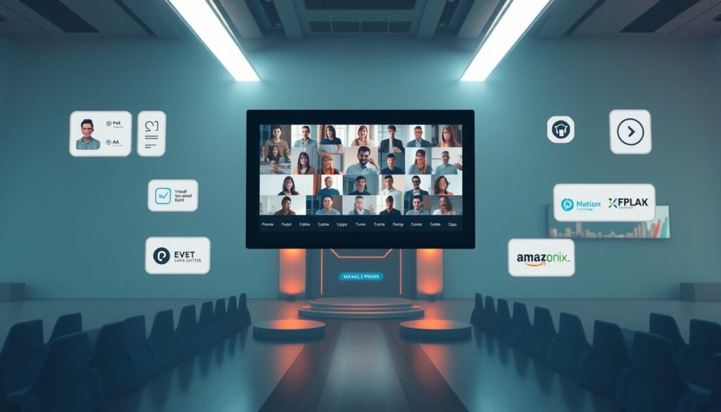 A sleek, minimalist interface showcasing various hybrid event engagement features. In the foreground, a central video conference call with diverse participants. Around it, floating interactive widgets - polls, Q&A, and virtual whiteboards. The middle ground features customizable event branding and sponsor logos. In the background, a stylized landscape with futuristic event venue architecture, bathed in warm, soft lighting. The overall mood is one of seamless digital-physical convergence, inviting attendees to fully immerse themselves in the hybrid experience.