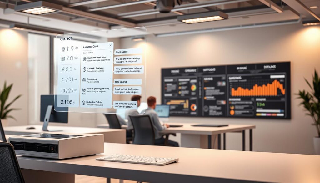 A sleek, modern office setting with a holographic display hovering above a minimalist workstation. In the foreground, an automated chatbot interface with intuitive controls and customizable response templates. The middle ground features a team of developers collaborating on the chatbot's underlying logic and NLP algorithms, their screens casting a soft glow. In the background, a data visualization dashboard tracks user interactions and sentiment analysis in real-time. Warm, directional lighting from overhead fixtures accentuates the streamlined, high-tech aesthetic. The overall mood is one of efficiency, innovation, and a seamless fan engagement experience.