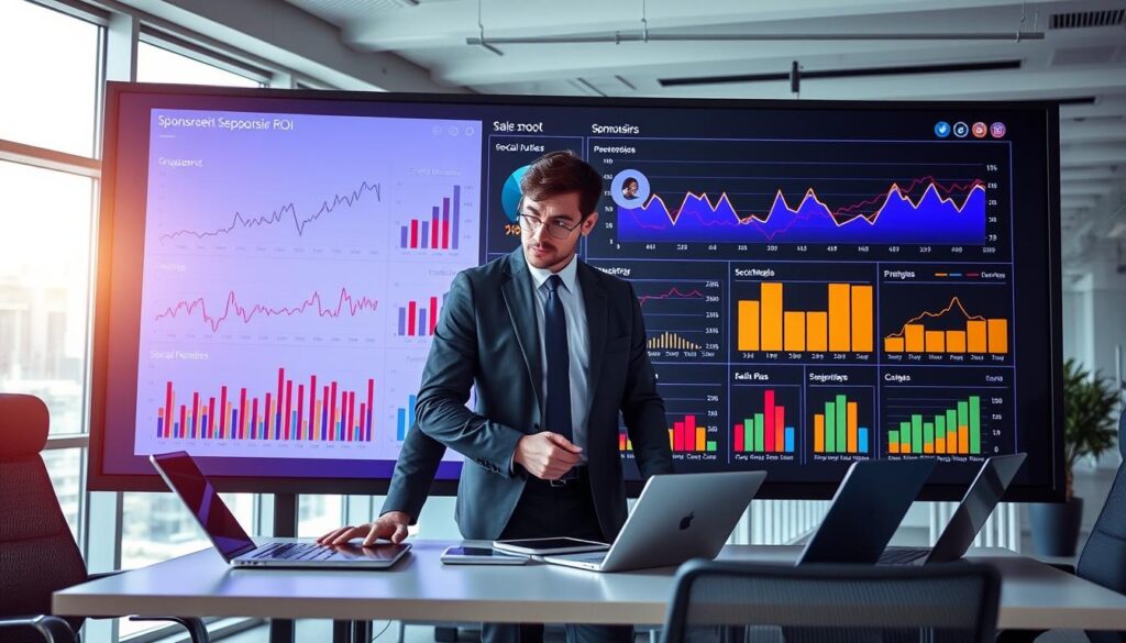 A modern, sleek sponsorship ROI reporting dashboard set in a contemporary office environment. In the foreground, a large screen displays various colorful graphs and charts reflecting key performance indicators like engagement rates and social media reach, with vibrant lines and data points. In the middle, a professional analyst in business attire leans slightly forward, analyzing the data with a focused expression, surrounded by digital devices like tablets and laptops. The background showcases a minimalist office design with large windows, allowing natural light to flood the space, enhancing the analytical atmosphere. The overall mood is professional and inspiring, conveying a sense of achievement and insight into the impact of sports event sponsorships. Use a wide-angle lens effect to capture the environment effectively. A modern, sleek sponsorship ROI reporting dashboard set in a contemporary office environment. In the foreground, a large screen displays various colorful graphs and charts reflecting key performance indicators like engagement rates and social media reach, with vibrant lines and data points. In the middle, a professional analyst in business attire leans slightly forward, analyzing the data with a focused expression, surrounded by digital devices like tablets and laptops. The background showcases a minimalist office design with large windows, allowing natural light to flood the space, enhancing the analytical atmosphere. The overall mood is professional and inspiring, conveying a sense of achievement and insight into the impact of sports event sponsorships. Use a wide-angle lens effect to capture the environment effectively.