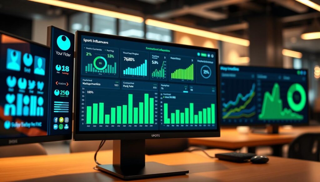 A sleek, modern dashboard displaying sports influencers' engagement metrics, featuring colorful graphs and charts. In the foreground, several digital screens showcase user interactions, with icons representing likes, shares, and comments, all in vibrant shades of blue and green. The middle layer features a detailed overview of key performance indicators with bar graphs and line charts, indicating growth and trends in follower engagement. The background is a soft-focus office environment with a contemporary feel, accented by warm lighting that creates a professional atmosphere. The overall mood is dynamic and focused, capturing the essence of data-driven decision-making in sports collaborations. The perspective is slightly elevated, giving a comprehensive view of the dashboard without any text or overlays. A sleek, modern dashboard displaying sports influencers' engagement metrics, featuring colorful graphs and charts. In the foreground, several digital screens showcase user interactions, with icons representing likes, shares, and comments, all in vibrant shades of blue and green. The middle layer features a detailed overview of key performance indicators with bar graphs and line charts, indicating growth and trends in follower engagement. The background is a soft-focus office environment with a contemporary feel, accented by warm lighting that creates a professional atmosphere. The overall mood is dynamic and focused, capturing the essence of data-driven decision-making in sports collaborations. The perspective is slightly elevated, giving a comprehensive view of the dashboard without any text or overlays.