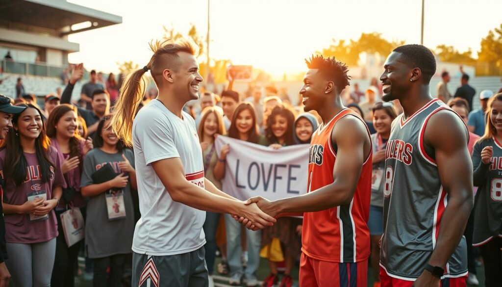 A vibrant co-promotional campaign scene featuring athletes engaged with a local community. In the foreground, two professional athletes, a female runner and a male basketball player, are smiling and shaking hands with enthusiastic local team members, all dressed in branded athletic attire and modest casual clothing. In the middle, a cheering crowd of diverse spectators holds banners and merchandise, showcasing lively engagement with the campaign. In the background, a local stadium setting is illuminated by golden hour lighting, creating a warm, inviting atmosphere. The camera angle is slightly elevated, capturing the energy and excitement of the event. The overall mood is one of collaboration and community spirit, emphasizing strong brand credibility through partnership. A vibrant co-promotional campaign scene featuring athletes engaged with a local community. In the foreground, two professional athletes, a female runner and a male basketball player, are smiling and shaking hands with enthusiastic local team members, all dressed in branded athletic attire and modest casual clothing. In the middle, a cheering crowd of diverse spectators holds banners and merchandise, showcasing lively engagement with the campaign. In the background, a local stadium setting is illuminated by golden hour lighting, creating a warm, inviting atmosphere. The camera angle is slightly elevated, capturing the energy and excitement of the event. The overall mood is one of collaboration and community spirit, emphasizing strong brand credibility through partnership.