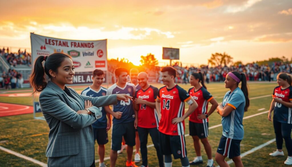 A vibrant community sports field setting at sunset, showcasing a diverse group of local athletes in professional sports attire engaging in a lively teamwork discussion. In the foreground, a confident young woman in a business casual outfit points toward a large promotional banner featuring local brands. The middle ground highlights enthusiastic local athletes practicing together, with visible logos of local businesses on their uniforms, emphasizing the collaboration. In the background, a crowd of supportive fans is visible, creating a vibrant atmosphere filled with excitement and energy. The lighting is warm and inviting, casting long shadows, while the angle captures the dynamic interaction among the athletes and the local business representatives, conveying a sense of partnership and community spirit. A vibrant community sports field setting at sunset, showcasing a diverse group of local athletes in professional sports attire engaging in a lively teamwork discussion. In the foreground, a confident young woman in a business casual outfit points toward a large promotional banner featuring local brands. The middle ground highlights enthusiastic local athletes practicing together, with visible logos of local businesses on their uniforms, emphasizing the collaboration. In the background, a crowd of supportive fans is visible, creating a vibrant atmosphere filled with excitement and energy. The lighting is warm and inviting, casting long shadows, while the angle captures the dynamic interaction among the athletes and the local business representatives, conveying a sense of partnership and community spirit.