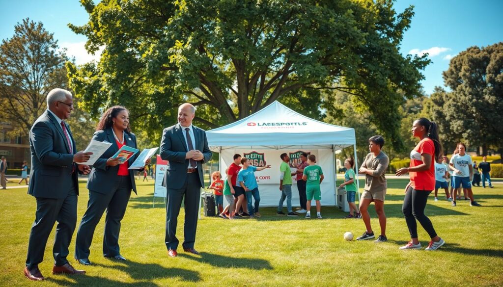 A vibrant outdoor scene depicting a community event focused on grassroots marketing strategies for local team sponsorships. In the foreground, a diverse group of four professionals in smart business attire is engaged in animated discussions, holding charts and promotional materials. The middle layer features a tent displaying local sports team branding, surrounded by families and young athletes playing games, showcasing community involvement. The background includes green grass and trees, with a clear blue sky and soft sunlight filtering through the leaves, creating an inviting and energetic atmosphere. The image should capture a sense of collaboration and connection between local sports and marketing initiatives, emphasizing teamwork and alignment of goals, shot from a slightly elevated angle for a broad overview. A vibrant outdoor scene depicting a community event focused on grassroots marketing strategies for local team sponsorships. In the foreground, a diverse group of four professionals in smart business attire is engaged in animated discussions, holding charts and promotional materials. The middle layer features a tent displaying local sports team branding, surrounded by families and young athletes playing games, showcasing community involvement. The background includes green grass and trees, with a clear blue sky and soft sunlight filtering through the leaves, creating an inviting and energetic atmosphere. The image should capture a sense of collaboration and connection between local sports and marketing initiatives, emphasizing teamwork and alignment of goals, shot from a slightly elevated angle for a broad overview.