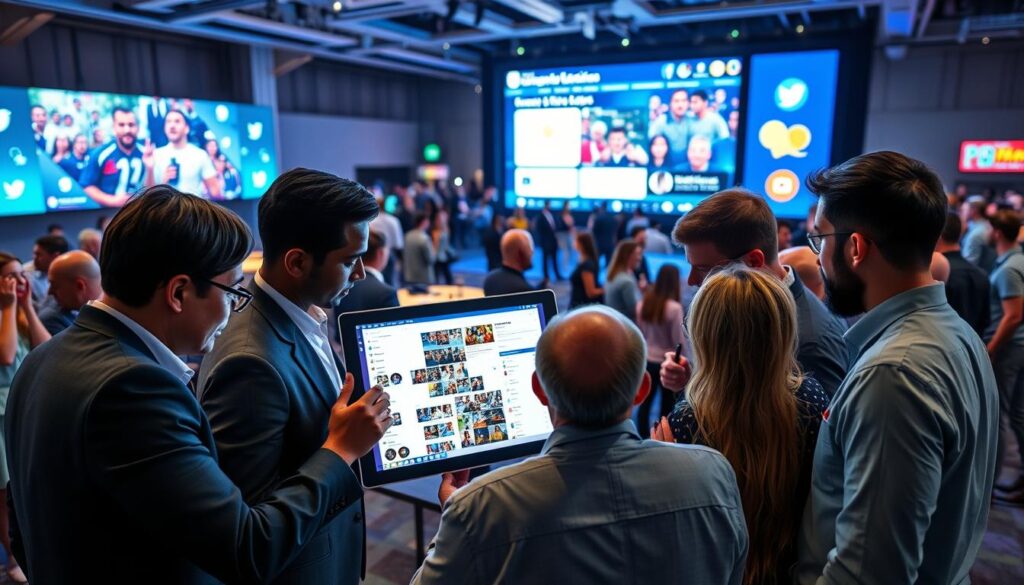 A dynamic and engaging scene depicting a social media event strategy pivoting through user-generated content. In the foreground, a diverse group of professionals in business attire, intensely collaborating around a large digital tablet displaying vibrant social media feeds filled with user-generated images and comments. In the middle ground, a large screen showcases a live data dashboard with analytics and engagement metrics, illuminated by soft blue and green lighting, creating a modern tech atmosphere. In the background, a bustling event space with people networking, vibrant banners displaying social media icons, and subtle lighting creating an energetic mood. The overall ambiance is one of collaboration, creativity, and excitement, reflecting the evolving nature of social media strategies in a professional sports event context. A dynamic and engaging scene depicting a social media event strategy pivoting through user-generated content. In the foreground, a diverse group of professionals in business attire, intensely collaborating around a large digital tablet displaying vibrant social media feeds filled with user-generated images and comments. In the middle ground, a large screen showcases a live data dashboard with analytics and engagement metrics, illuminated by soft blue and green lighting, creating a modern tech atmosphere. In the background, a bustling event space with people networking, vibrant banners displaying social media icons, and subtle lighting creating an energetic mood. The overall ambiance is one of collaboration, creativity, and excitement, reflecting the evolving nature of social media strategies in a professional sports event context.
