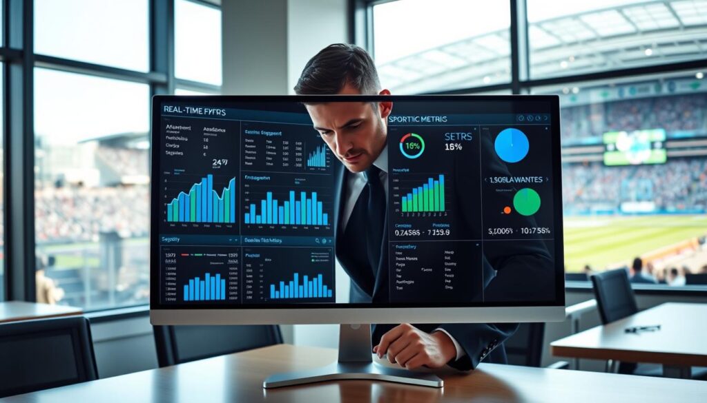 A dynamic sports event metrics dashboard displayed on a sleek, modern computer screen in a well-lit office environment. In the foreground, graphs and charts showcasing real-time data analytics, with vibrant colors like blue and green to depict various KPIs, including attendance, engagement, and social media interactions. The middle layer features a focused professional in a sharp business suit, intently analyzing the dashboard, with a look of concentration. In the background, large windows flood the space with natural light, reflecting a bustling sports venue outside. The atmosphere is one of urgency and excitement, emphasizing the importance of real-time data in making strategic decisions during the event. The image should capture a high-resolution, realistic look, as if viewed through a wide-angle lens.