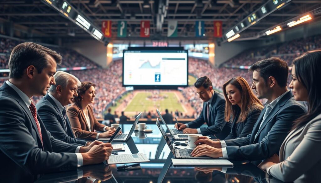 A dynamic sports event reporting media coverage analysis scene. In the foreground, a diverse group of reporters in professional business attire analyze data on laptops, surrounded by notepads and coffee cups, with focused expressions. The middle layer features a large screen displaying statistics, graphs, and social media buzz related to the event, illuminated with a soft glow. In the background, blurred images of a vibrant stadium filled with cheering fans and colorful banners create an energetic atmosphere. The lighting is bright yet warm, emphasizing an informative and lively environment, captured from a slightly elevated angle to provide depth and context. The overall mood is one of professionalism and engagement, showcasing the impact of media coverage on sports events.