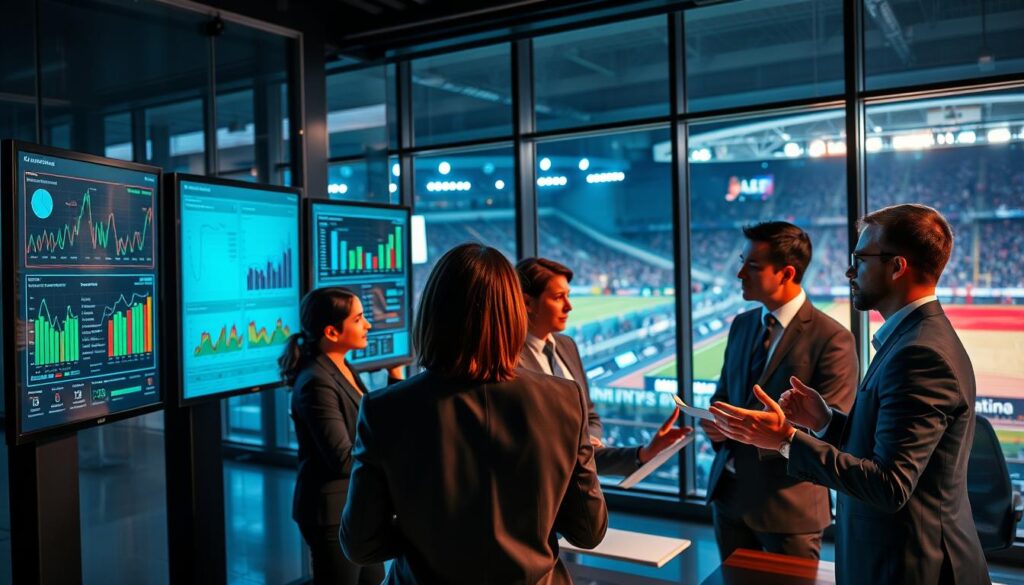 A high-tech live data analysis framework visualization set in a modern office environment. In the foreground, sleek digital screens display colorful graphs, charts, and metrics related to sports event engagement, illuminated by soft, ambient lighting. In the middle, a diverse team of professionals in business attire, intently analyzing the data, gestures of quick decision-making indicated through their focused expressions and body language. The background features large glass windows revealing a bustling cityscape, with hints of a sports arena in the distance, symbolizing the live event context. The atmosphere is dynamic, reflecting urgency and innovation, with a color palette of blues, greens, and whites to evoke a sense of professionalism and clarity. A high-tech live data analysis framework visualization set in a modern office environment. In the foreground, sleek digital screens display colorful graphs, charts, and metrics related to sports event engagement, illuminated by soft, ambient lighting. In the middle, a diverse team of professionals in business attire, intently analyzing the data, gestures of quick decision-making indicated through their focused expressions and body language. The background features large glass windows revealing a bustling cityscape, with hints of a sports arena in the distance, symbolizing the live event context. The atmosphere is dynamic, reflecting urgency and innovation, with a color palette of blues, greens, and whites to evoke a sense of professionalism and clarity.