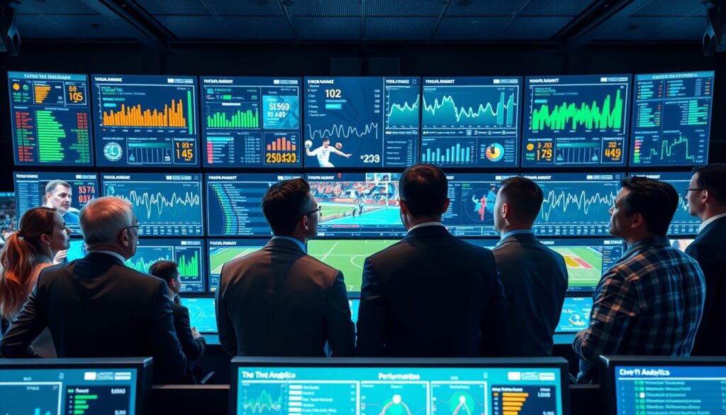 A high-tech sports event technology dashboard set in a modern control room, showcasing multiple large screens displaying live analytics, player statistics, and performance metrics. In the foreground, a diverse team of professionals in smart business attire, intently analyzing data and discussing strategies. The middle features sleek, high-resolution monitors with rich graphs and charts, illuminated by soft blue and green ambient lighting to create a high-energy atmosphere. The background reveals a panoramic view of an illuminated stadium, hinting at the live event happening outside. The scene captures a sense of urgency and collaboration, emphasizing the importance of real-time data in sports optimization. The angle is slightly elevated, providing a comprehensive view of the dashboard and team engaged in dynamic discussion.
