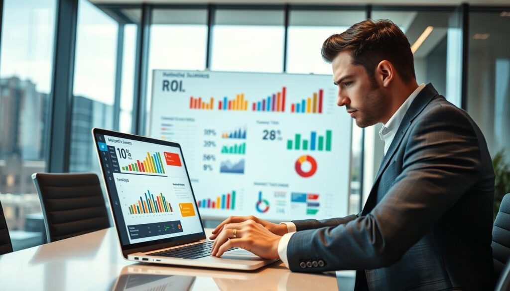 A professional digital marketing strategist evaluating ROI on a sleek laptop computer in a modern office space. In the foreground, the strategist, dressed in a smart business suit, furrows their brow while analyzing vibrant graphs and charts displayed on the screen. In the middle, a large digital whiteboard behind them showcases a variety of performance metrics, such as conversion rates and campaign success rates, represented by colorful bar graphs and pie charts. The background features a glass wall with a cityscape view, allowing natural light to flood the room, creating an atmosphere of focus and productivity. The lighting is bright yet soft, enhancing the modern feel of the workspace while emphasizing the strategist's deep concentration on the digital analytics at hand.