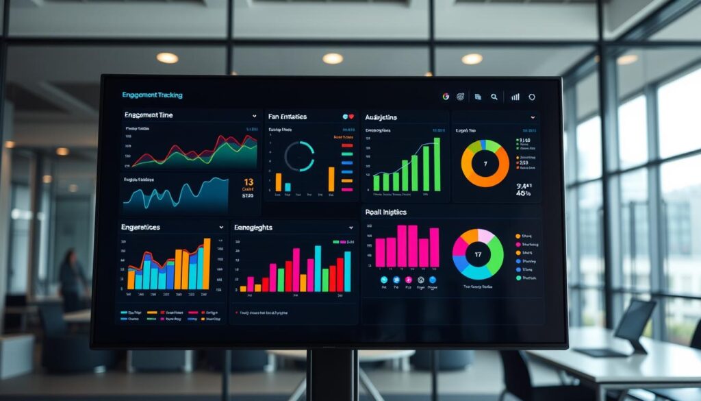 A sleek engagement tracking dashboard highlighting key analytics metrics for a sports event. In the foreground, visualize a digital screen displaying colorful graphs and charts, such as line graphs for engagement over time, bar charts showing fan interaction rates, and pie charts for demographic insights. The middle layer features data visualizations with bright, contrasting colors to signify various engagement indicators, possibly with animated effects for a dynamic look. In the background, include a modern workspace with soft, diffused lighting that creates a professional atmosphere, subtle reflections on the glass elements. The overall mood should be focused and analytical, embodying innovation and technology, with no human presence or distractions.